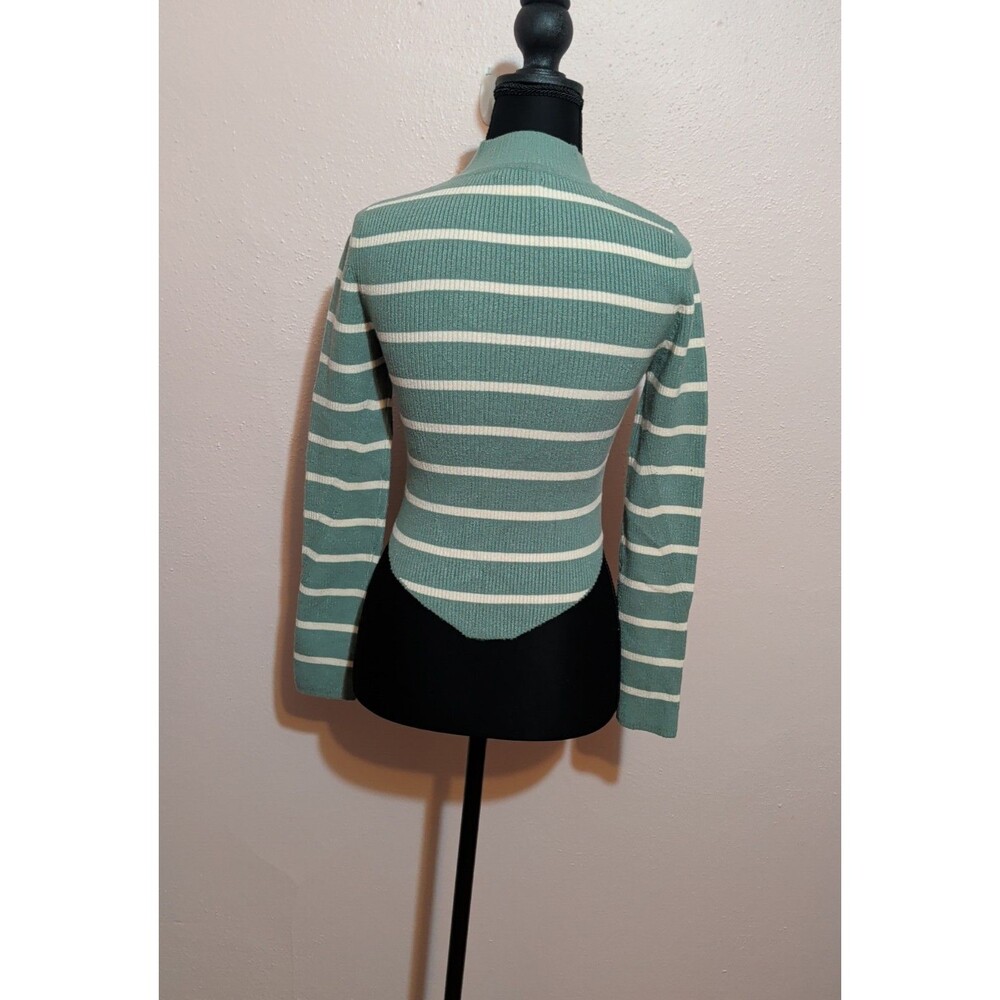 ❤️AE Women's M Sage Stripe Ribbed Mock Neck Crop Long Sleeve Sweater❤️ - Picture 4 of 8
